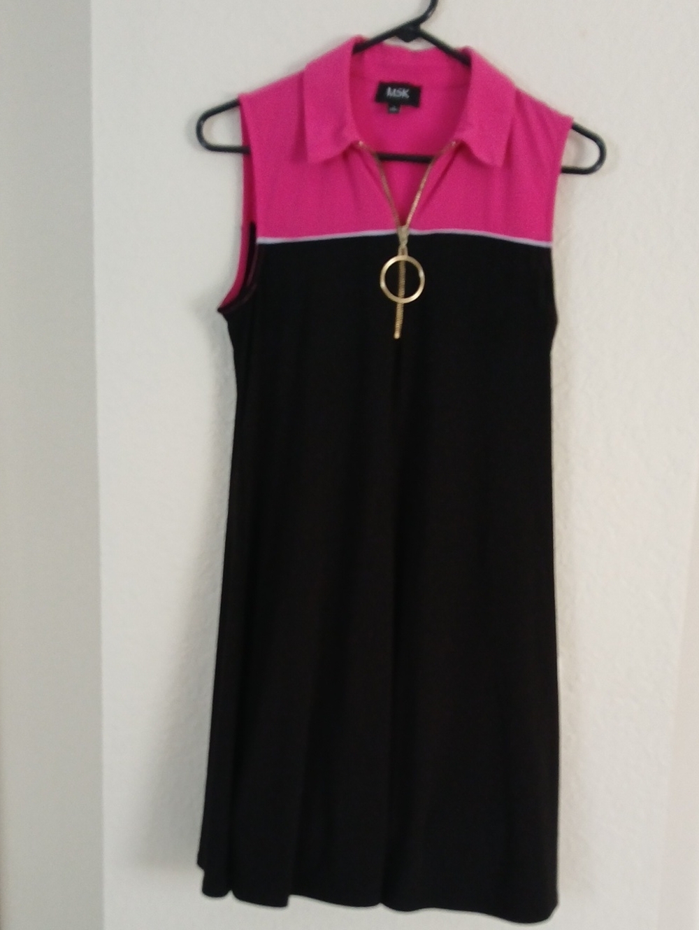 MSK Black Dress with Hot Pink Polo Collar and Gold Ring Zip